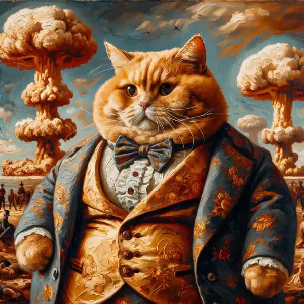 Husky orange cat, with mushroom clouds in the background, signifying the doomsday of ever more accessible frontend development