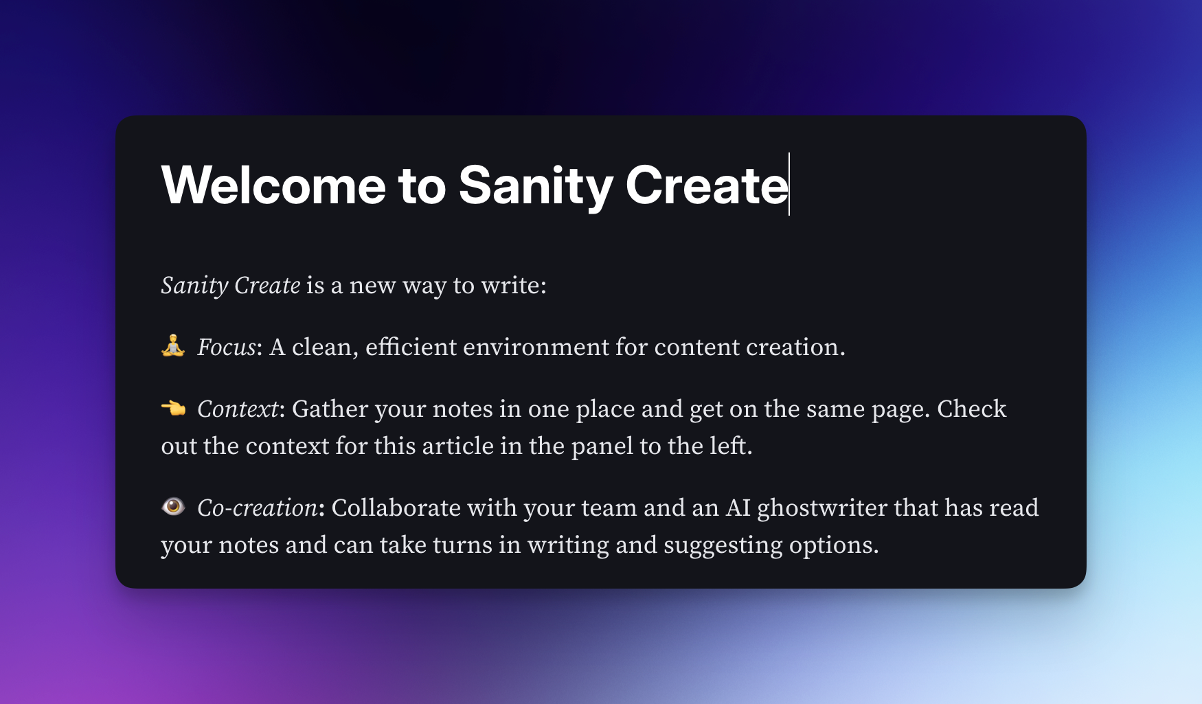 Sanity Create quick start guide