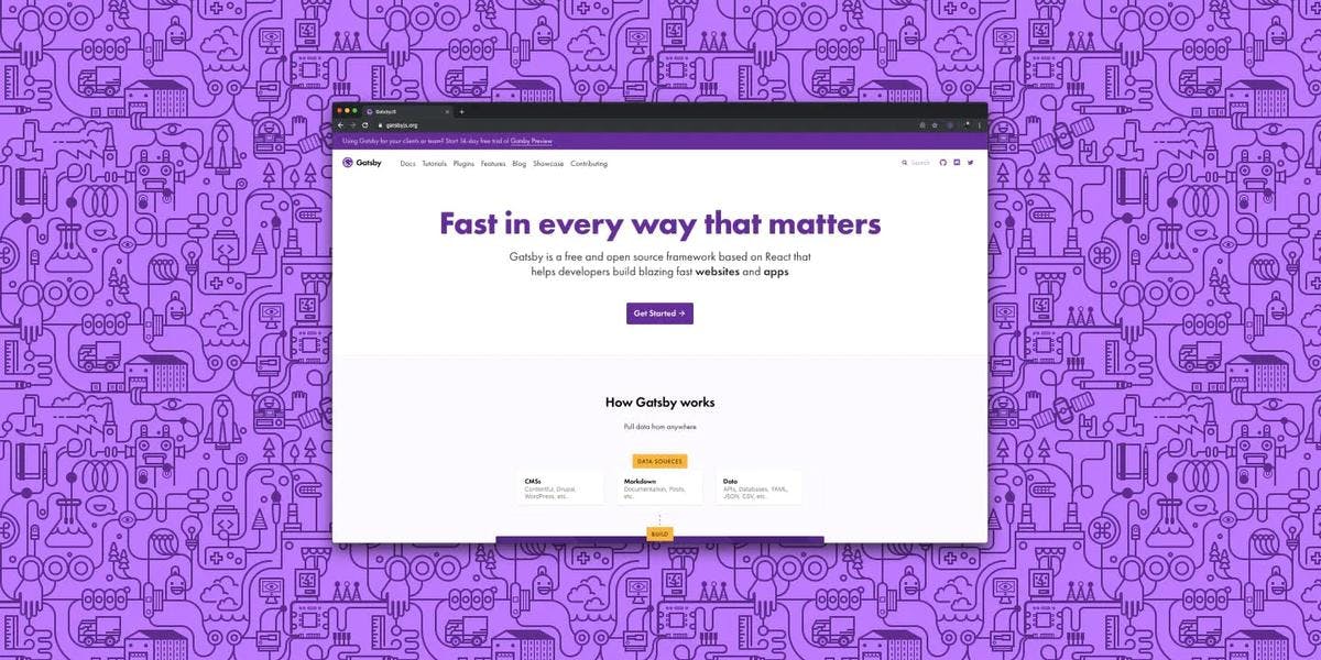 Gatsby website on a browser on top of purple background