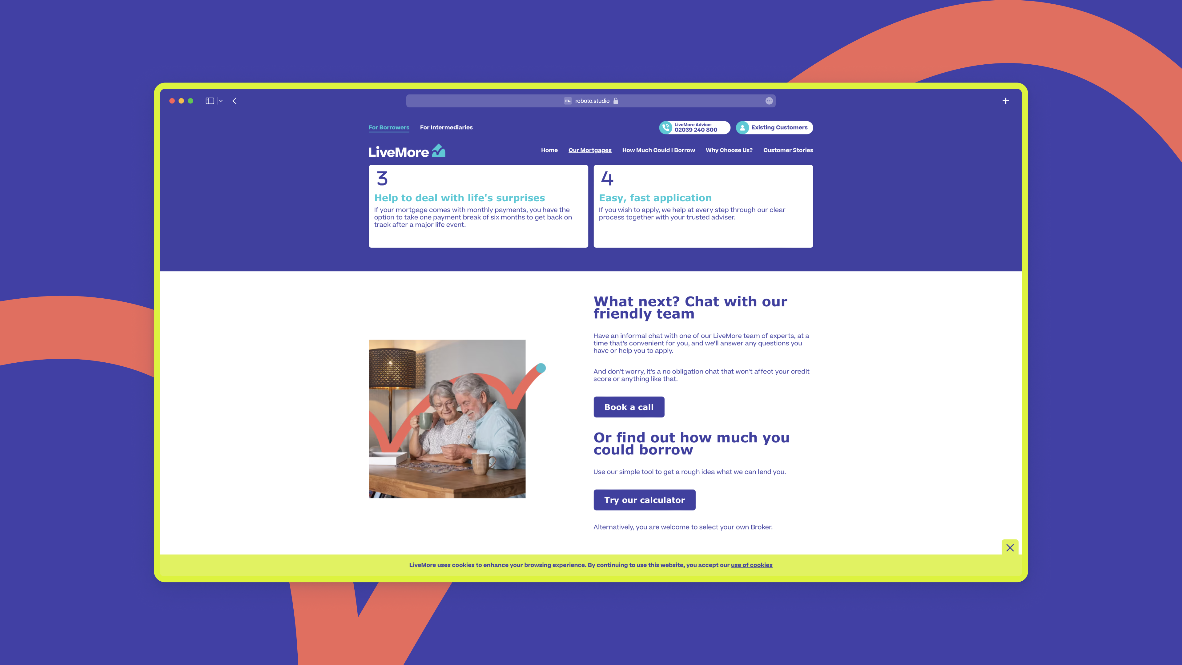 Vibrant wireframe of LiveMore Mortgages chat with our team section