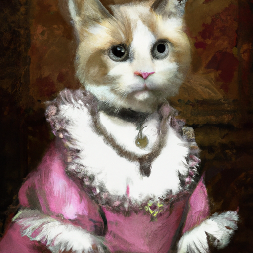 Victorian looking cat wearing pink dress.