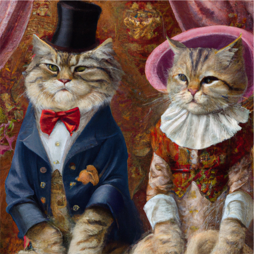 Cat with a top hat and lady cat with pink hat
