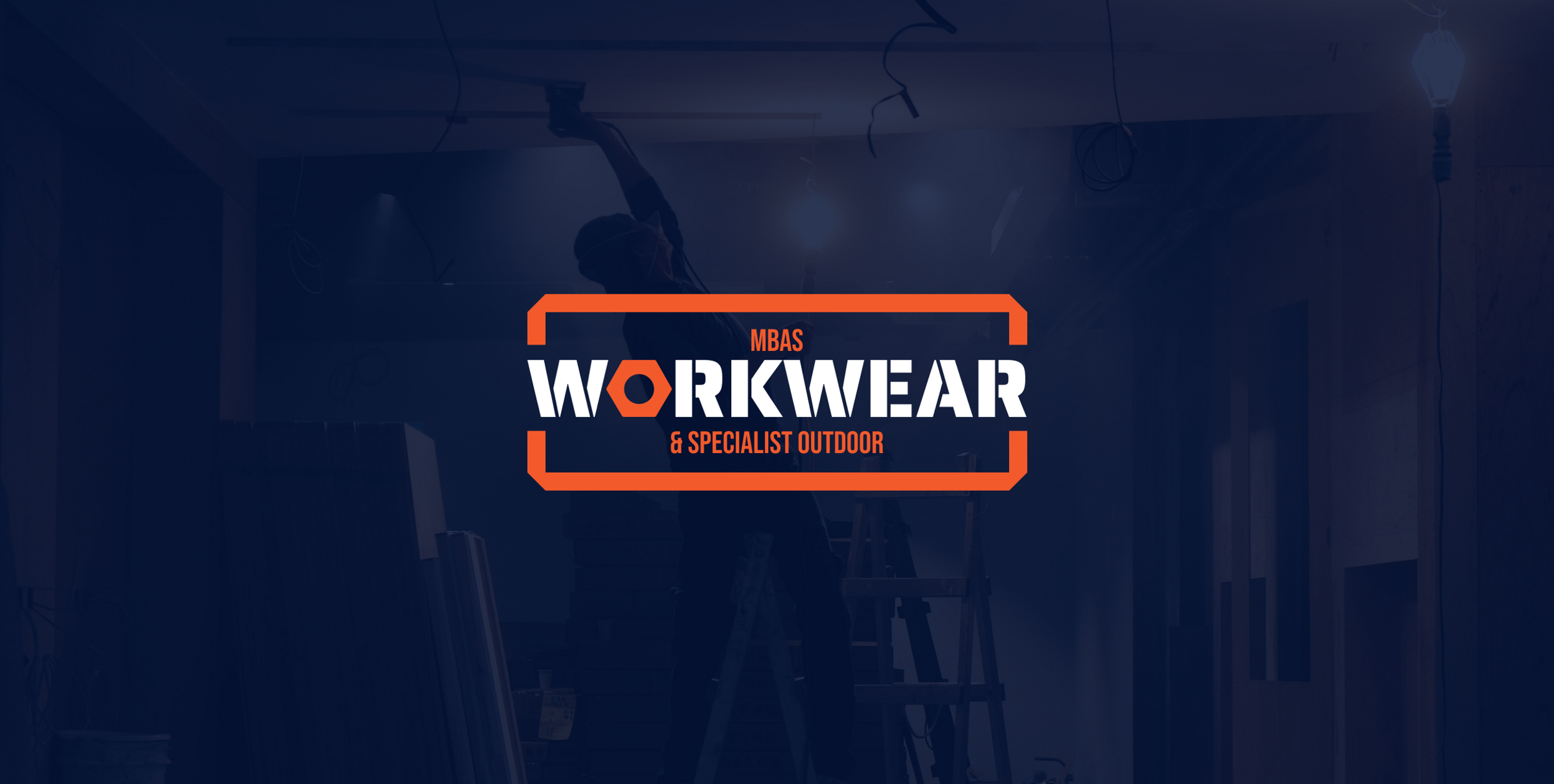 Workwear Shopify Website with orange logo on blue background