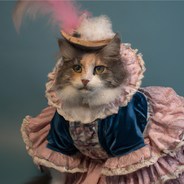 A Victorian Cat wearing a pink frill dress and a pretty hat