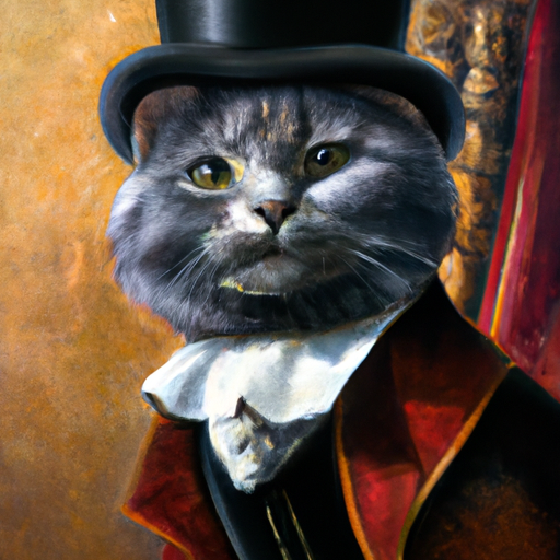 A British shorthair looking cat with a ringmaster outfit on