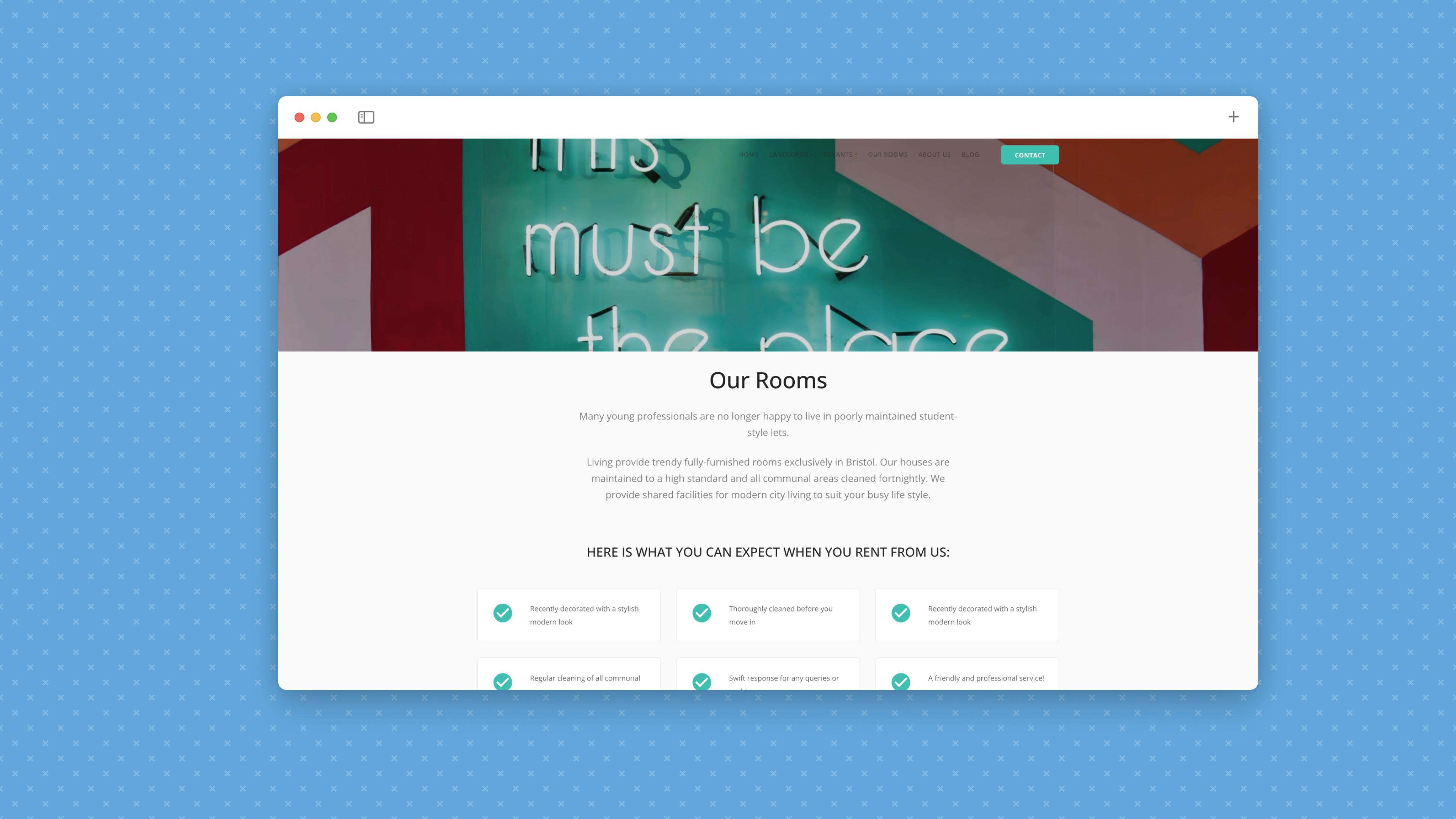 Our rooms page in browser with green neon