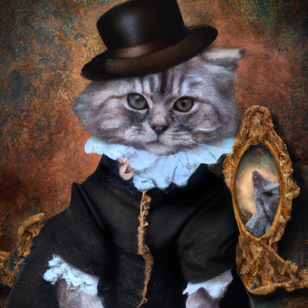 oil painted victorian cat with fancy clothes and a hat