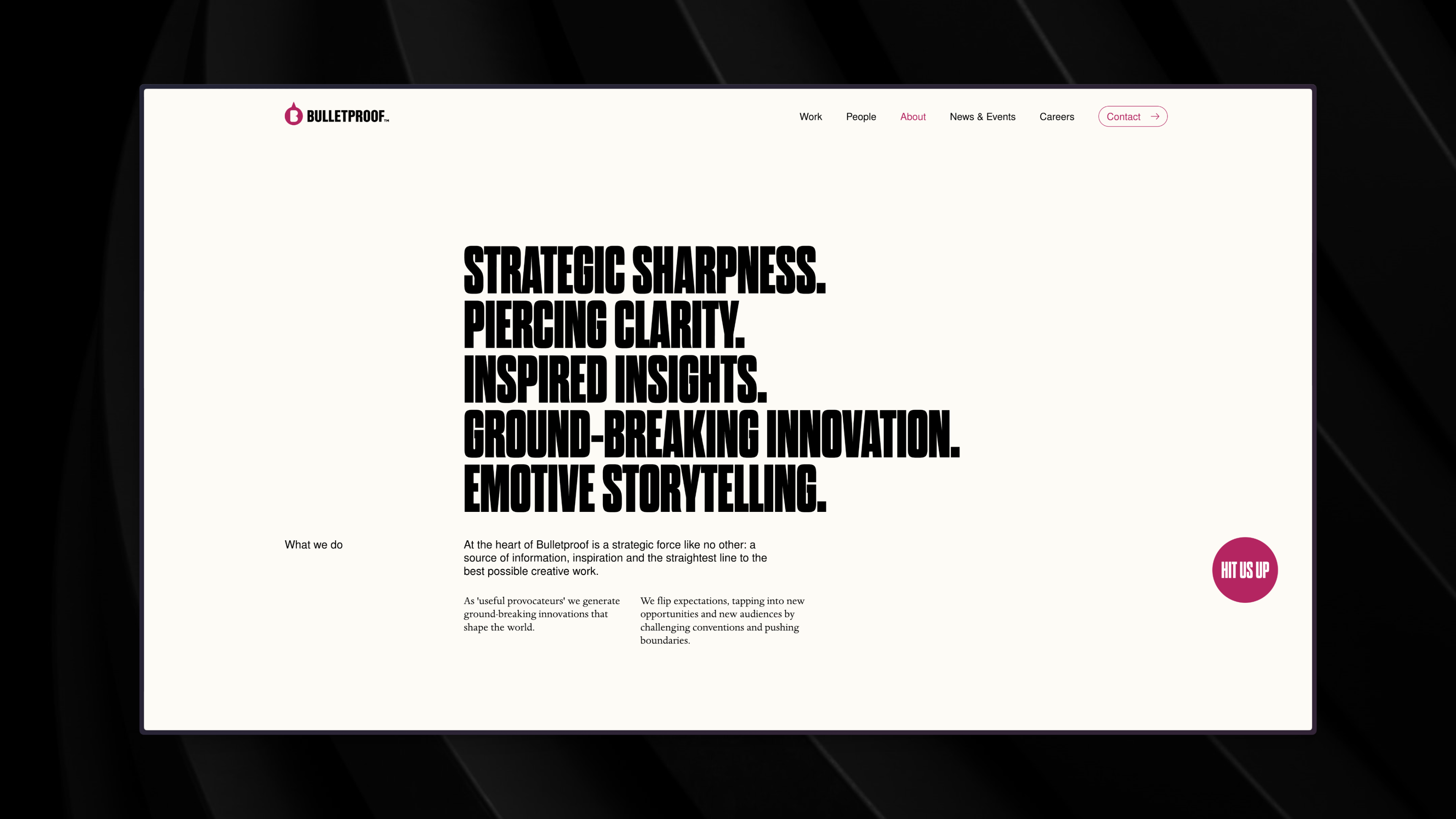 About page of Bulletproof displaying bold text sentences in vertical design 