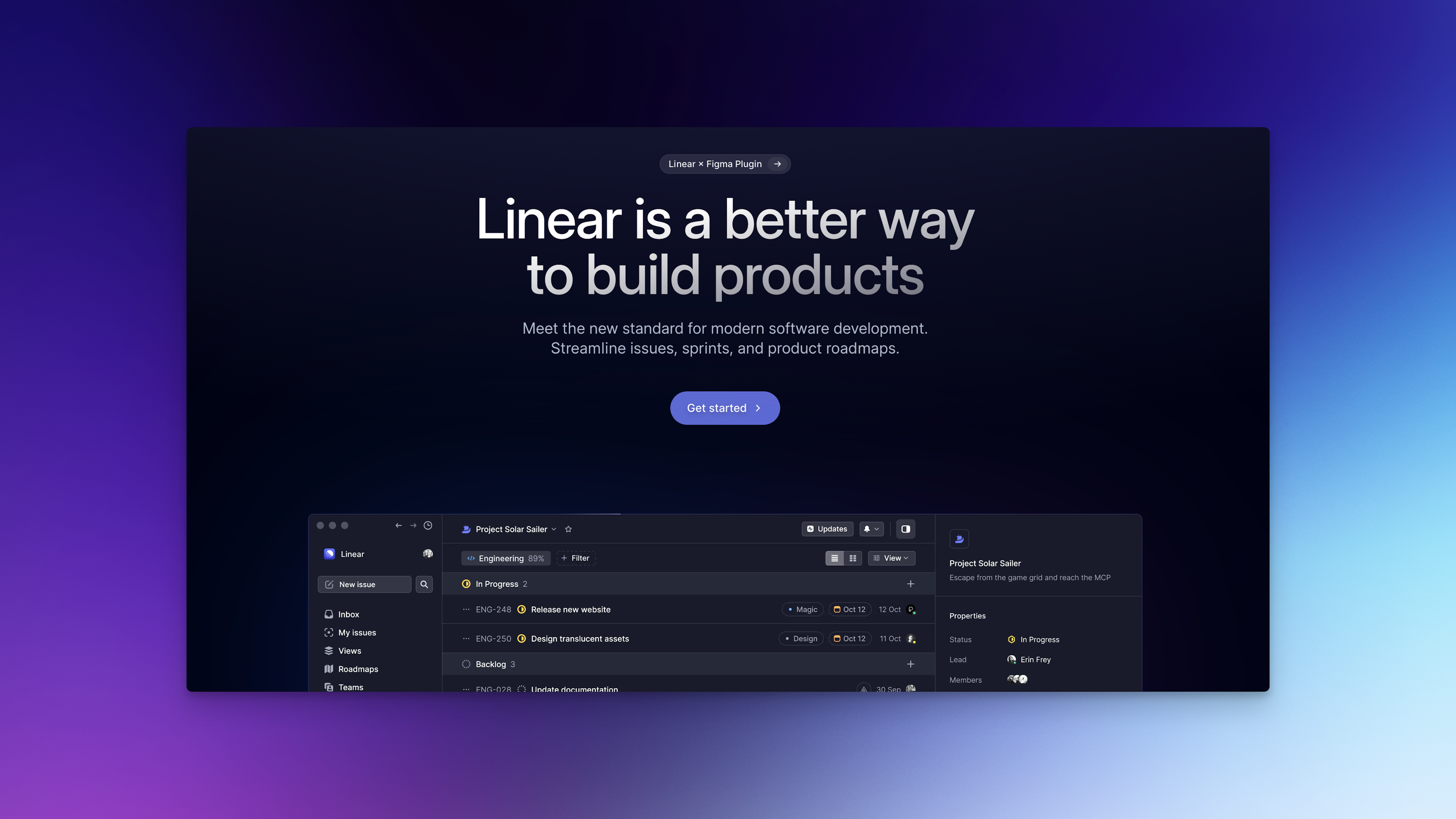 Homepage of Linear with some text and button to open app