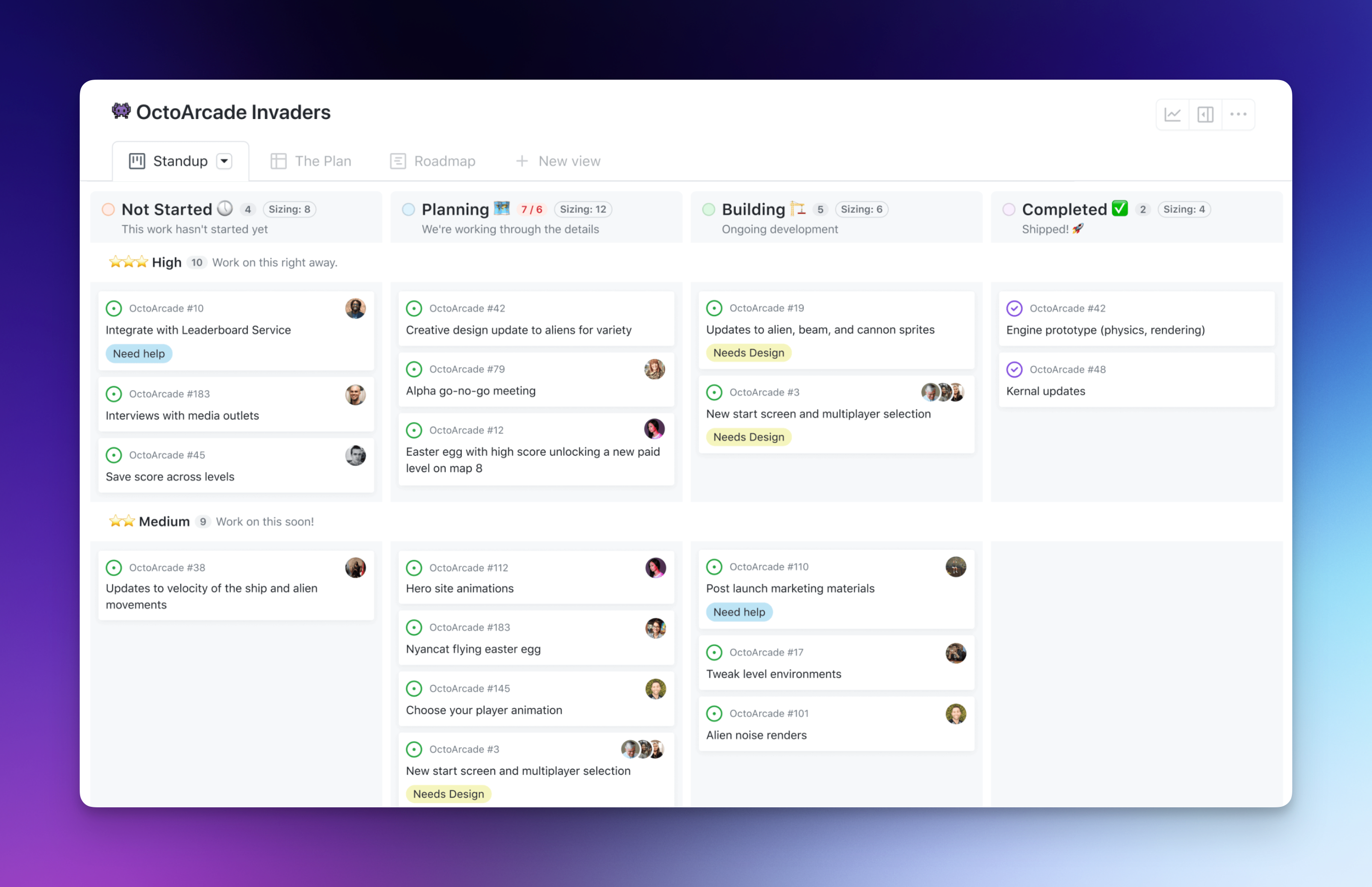 Github projects kanban board view, in light mode, however there's actually a dark mode