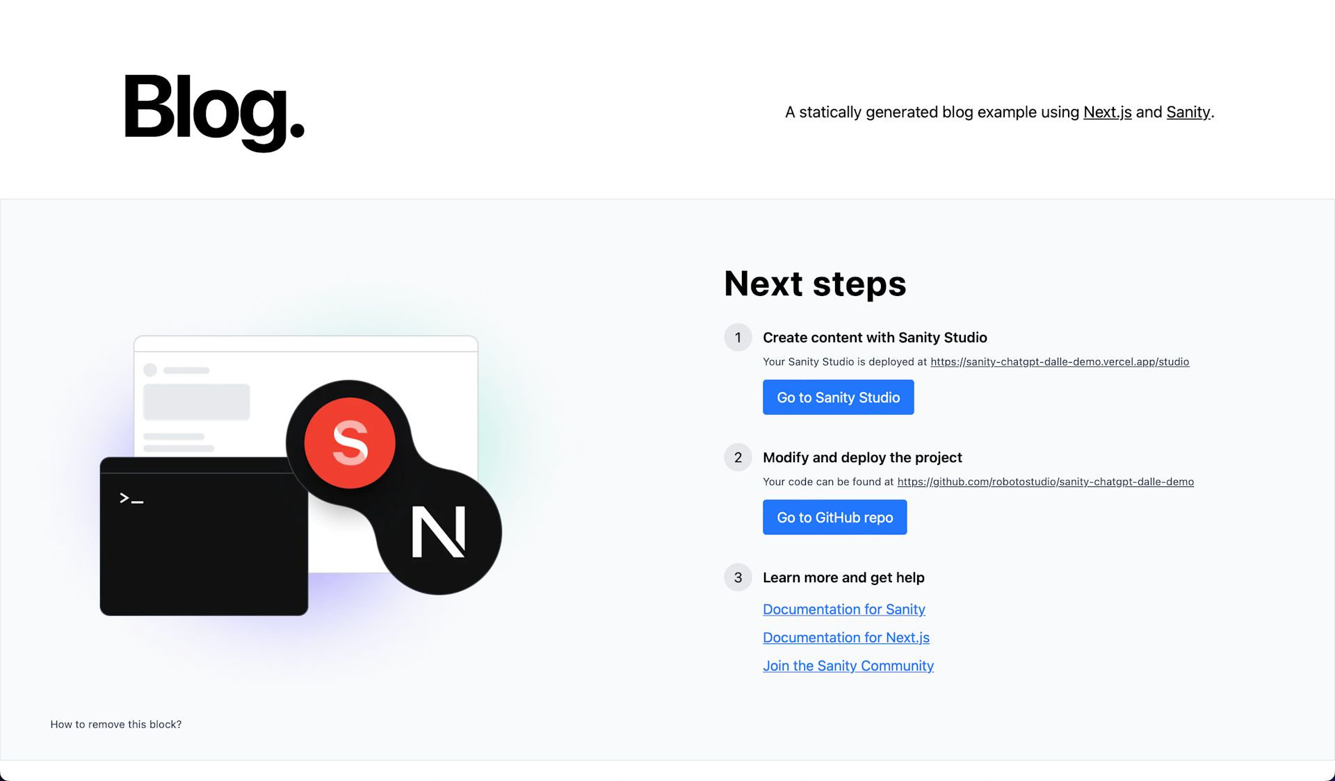 Next.js website with Sanity studio domain visible and deployment details