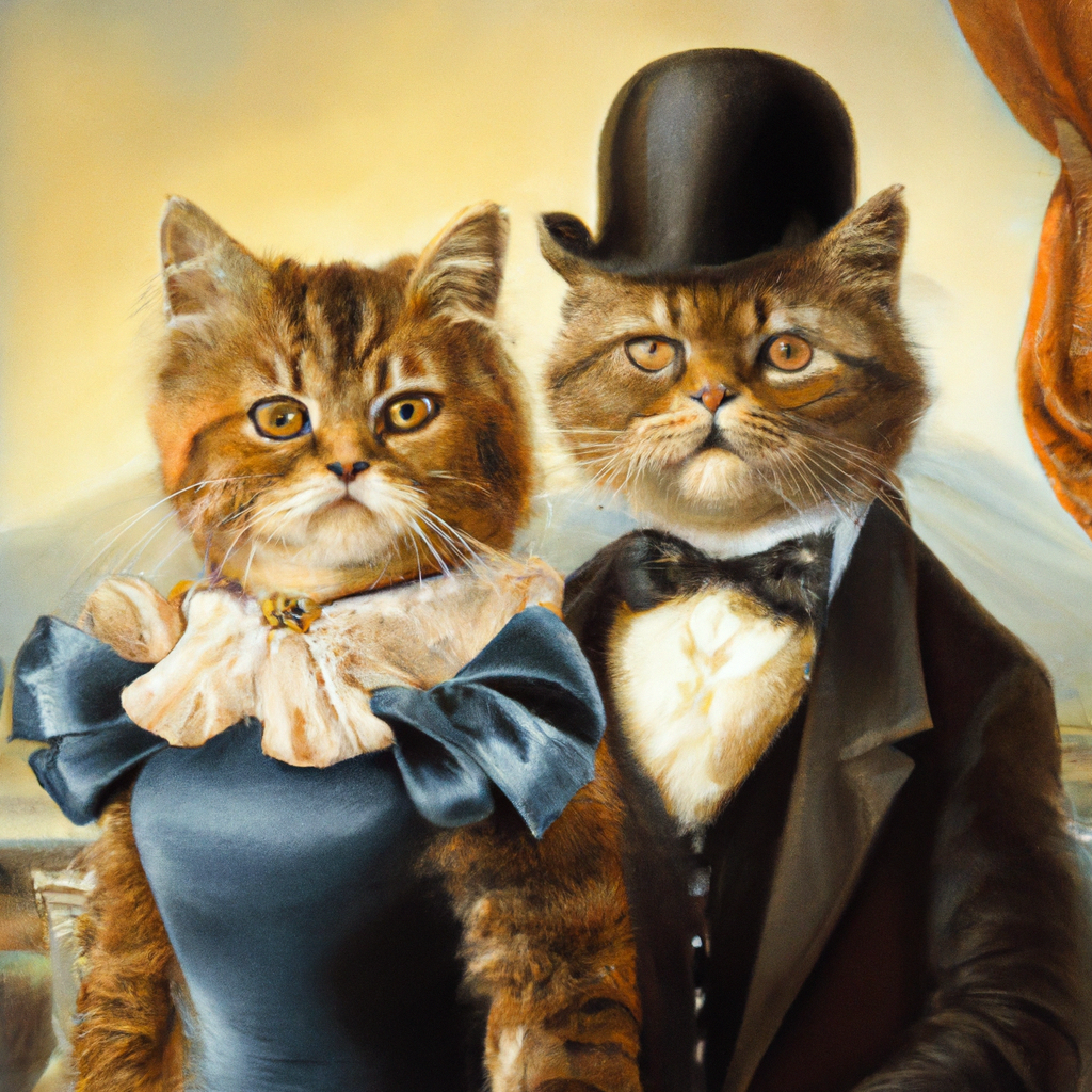 Victorian cats with fancy clothing and hat