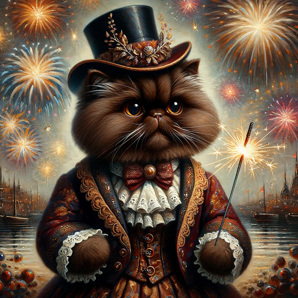 A brown Persian cat holding onto a sparkler... How can he do that without thumbs we'll never know