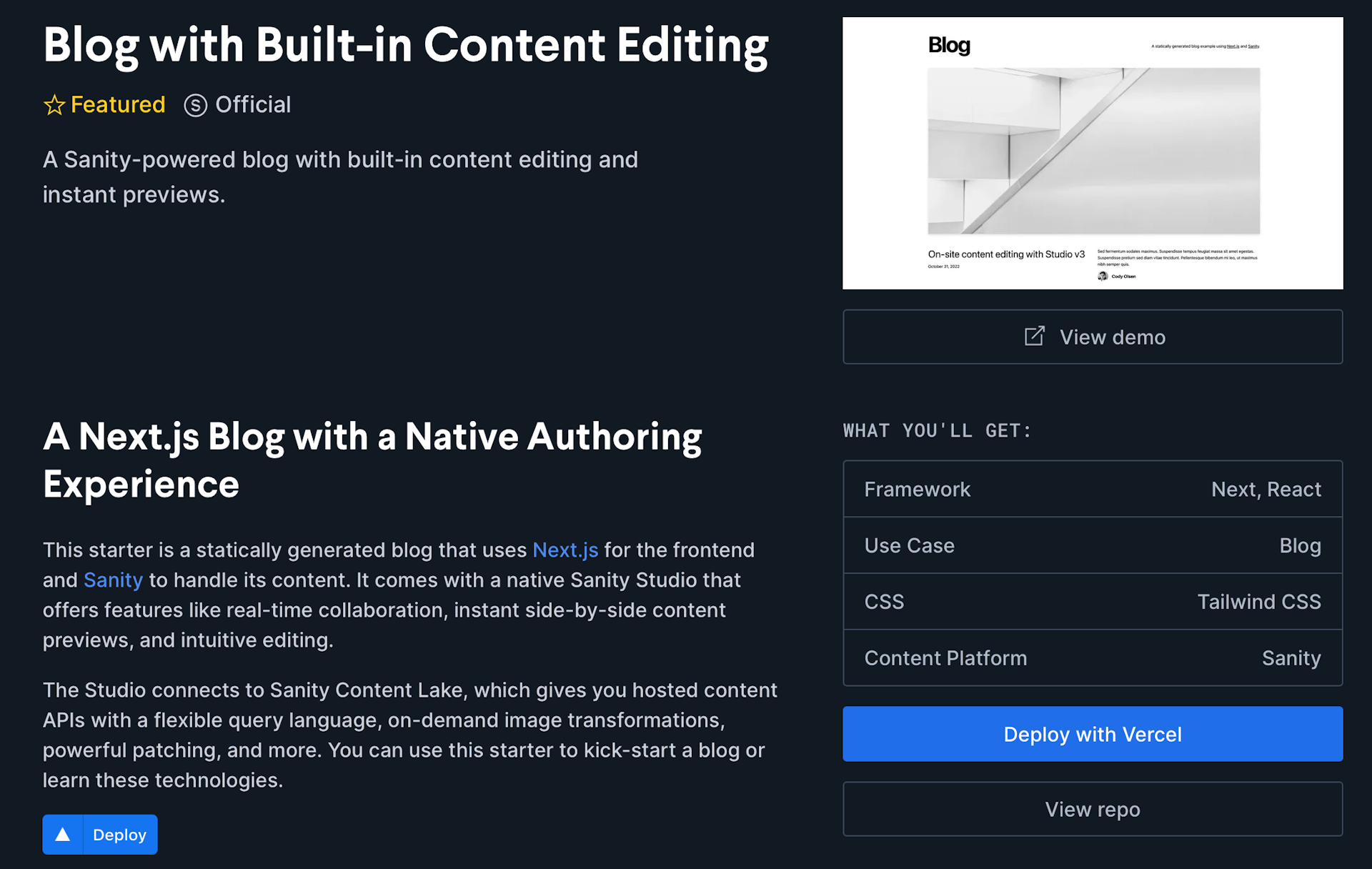 Sanity Blog with Built-in Content Editing template, showing deploy with Vercel