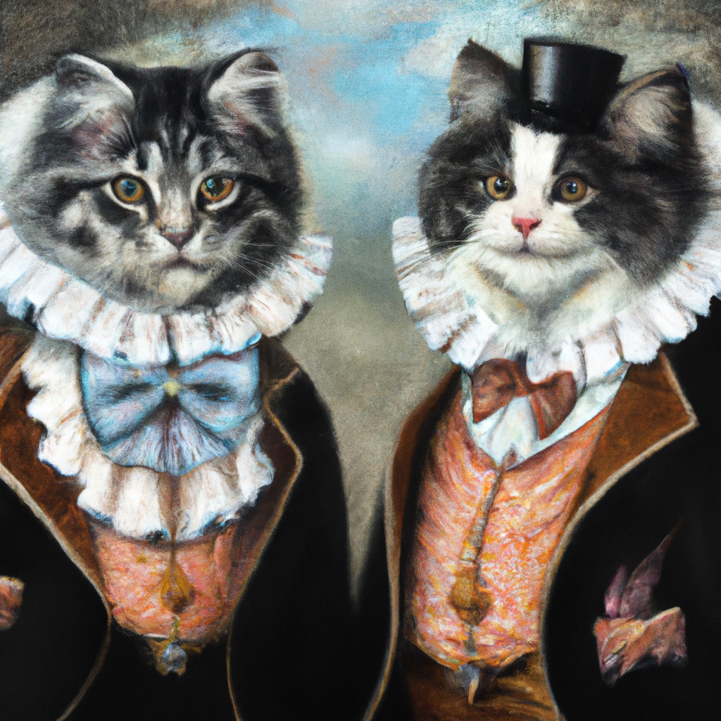 A fancy victorian cat wearing a hat next to another cat