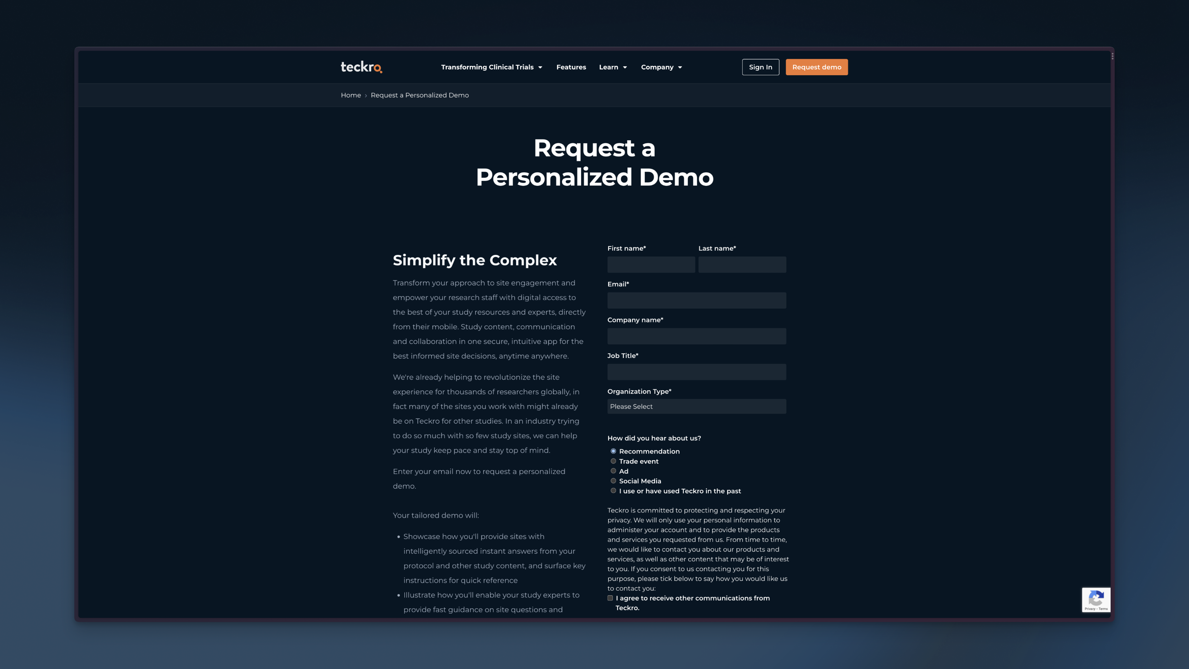 Teckro hubspot form being used to populate request demo page